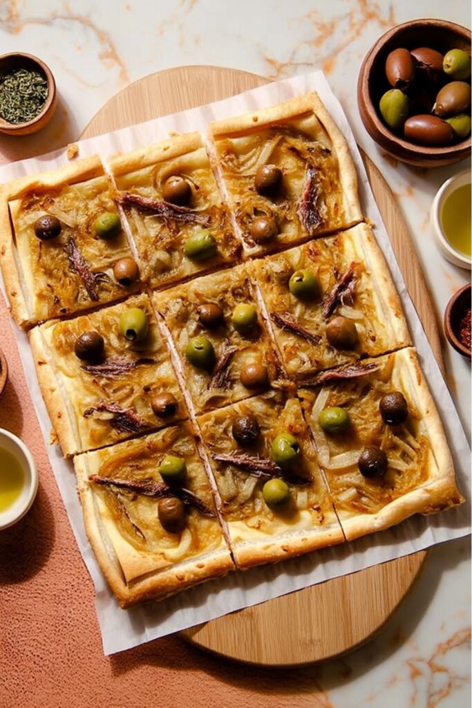 Caramelized onion anchovy tart with olives sliced on board, Italian Chefs style appetizer.