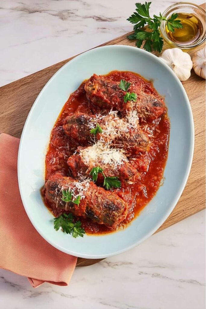 Beef braciole rolls in tomato sauce topped with Parmesan and parsley, Italian Dinner.