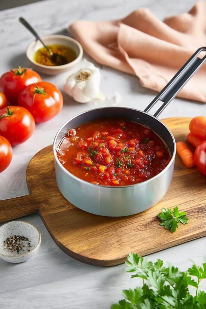 Homemade tomato sauce simmering in saucepan with carrots, garlic, and herbs, Italian Recipes Traditional.