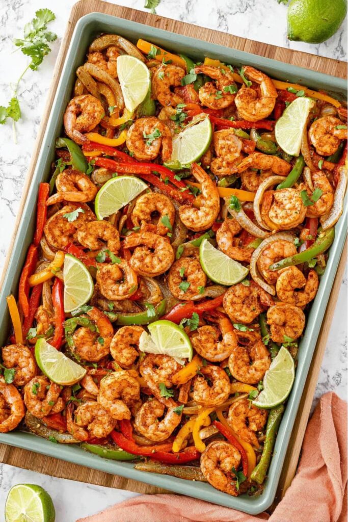Sheet pan shrimp fajitas with peppers, onions, and lime wedges, lean cinco de mayo dinner ideas.