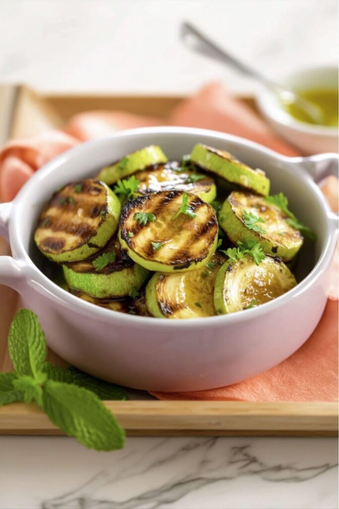 Sautéed zucchini rounds with herbs and olive oil in bowl, Light Italian Recipes.