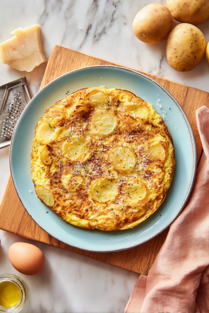 Golden potato and egg frittata topped with Parmesan on plate, Light Italian Recipes.