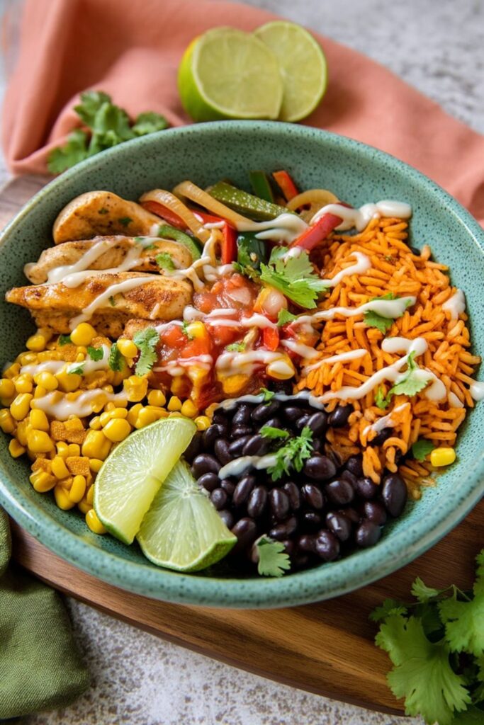Chicken fajita rice bowl with beans, corn, peppers, and lime, lighter cinco de mayo party food.