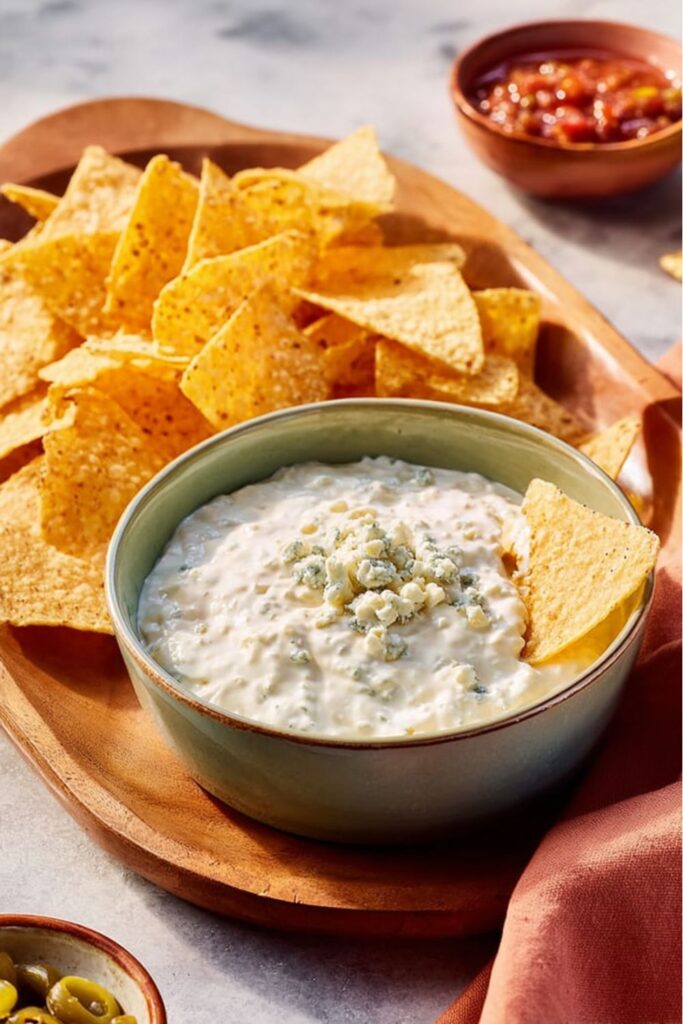 Creamy blue cheese dip with chips, perfect make-ahead appetizer