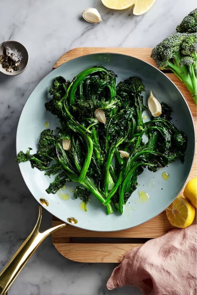 Sautéed broccoli rabe with garlic and olive oil in pan, Make Ahead Italian Dishes.