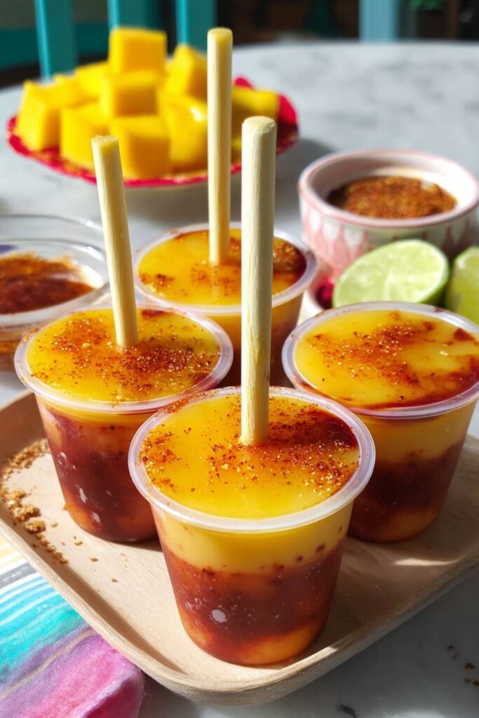 Mango chamoy paletas for Mexican Fiesta Party Food Desserts with chili lime topping.