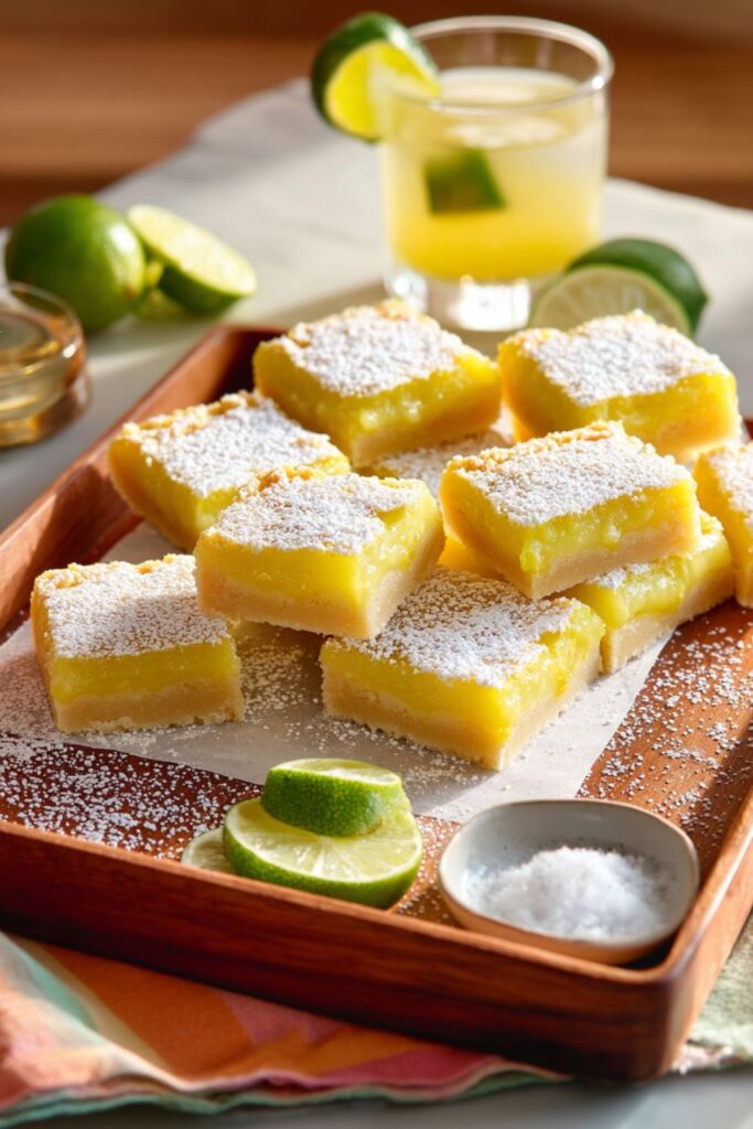 Lime tequila bars dusted with sugar for Mexican Party Dessert Ideas on tray.
