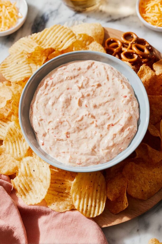 Cheesy Rotel dip with chips, creamy Mexican party dips favorite.