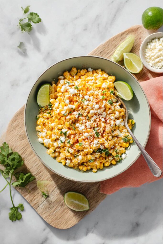 Creamy street corn dip with lime and cheese, perfect Mexican party dips.