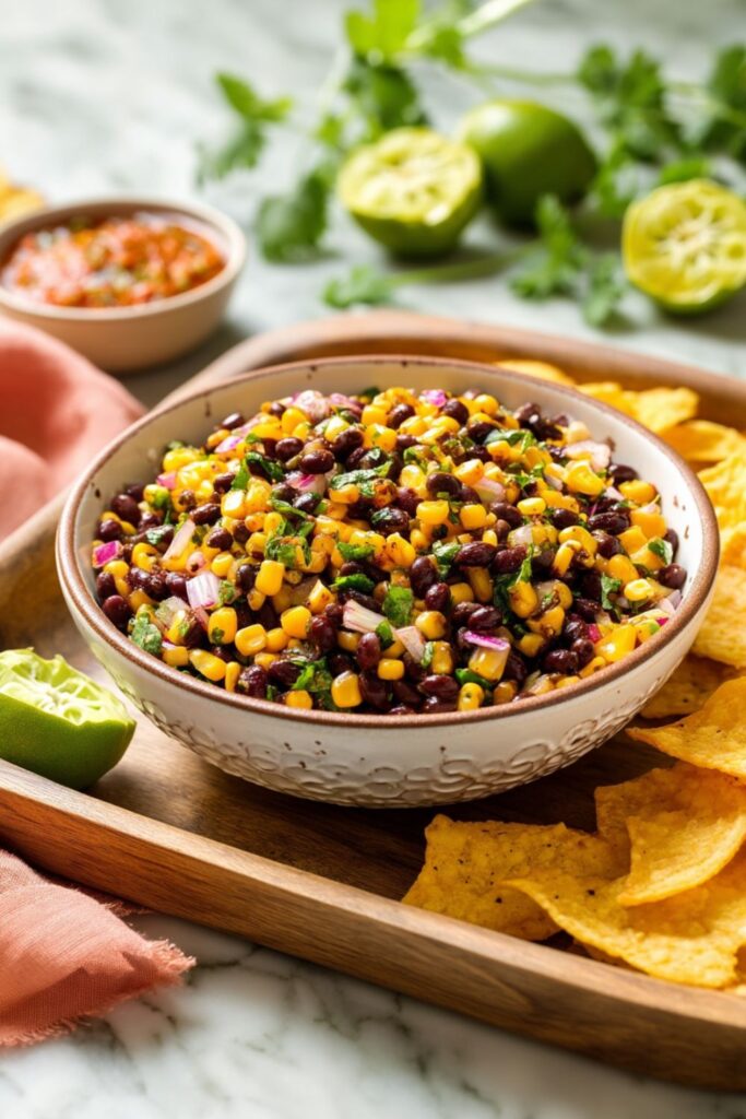 Black bean and corn salsa with chips, perfect Mexican party food.
