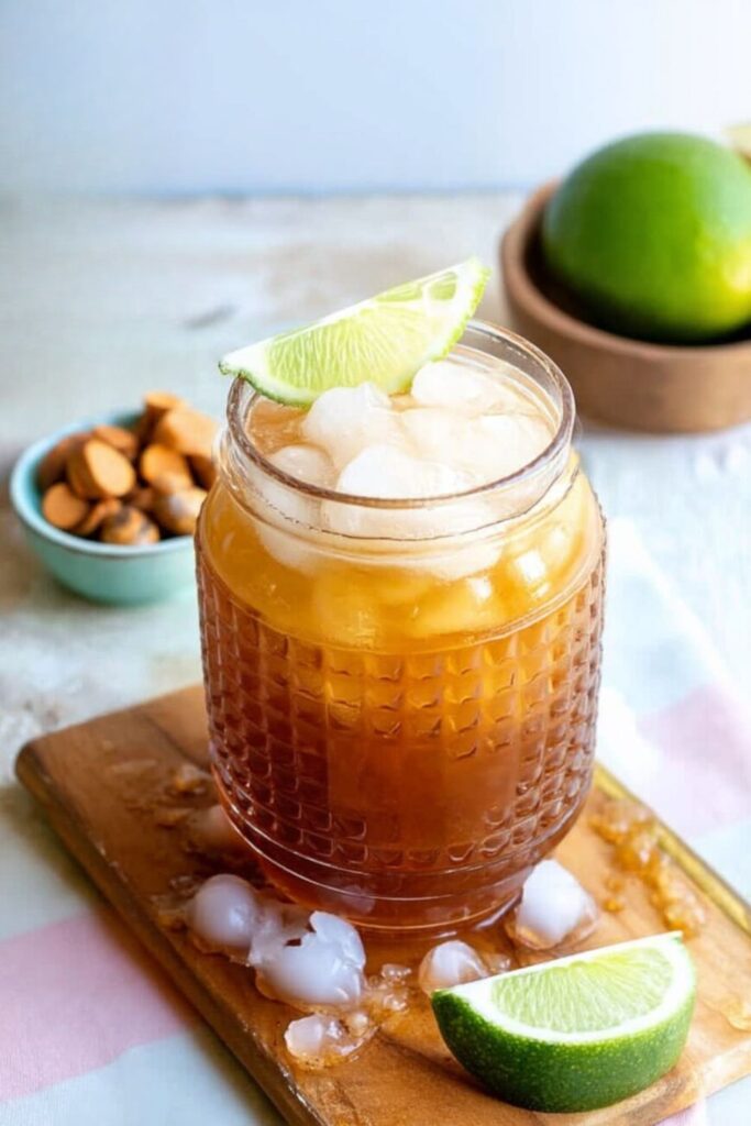 Iced tamarind lime mocktail in jar glass, one of pitcher mocktail drinks.