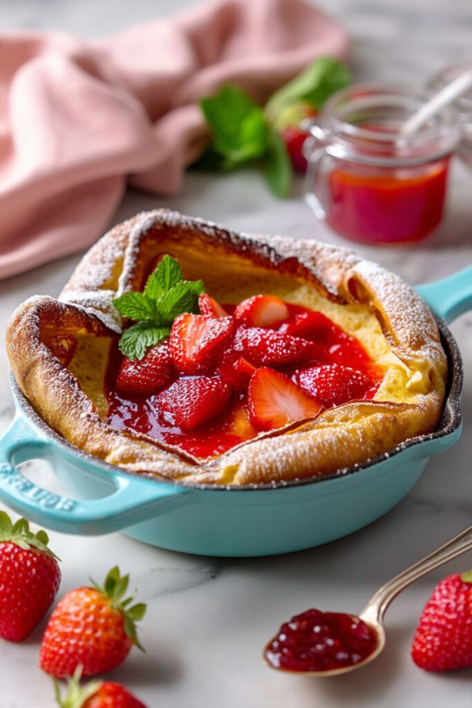 Strawberry skillet pancake dessert topped with powdered sugar, one of charming Mother's Day Cake Designs.