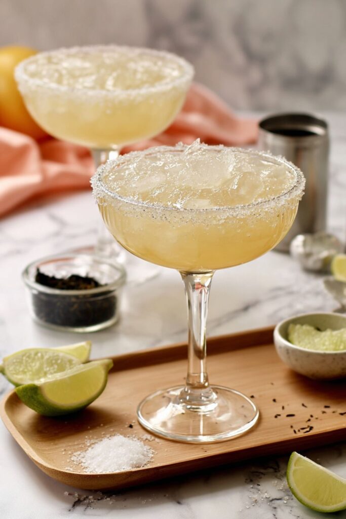 Salt-rimmed citrus mocktail with lime and ice, non alcoholic lime margarita.