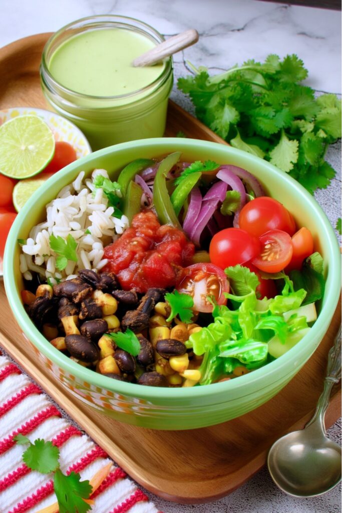 Veggie burrito bowl with rice, beans, corn, tomatoes, and cilantro dressing, nutritious cinco de mayo meal ideas.