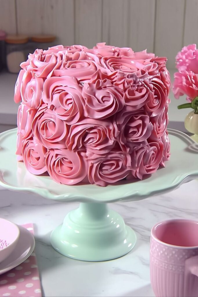 A round cake with flowers piped in pink buttercream rosettes on a light green stand.