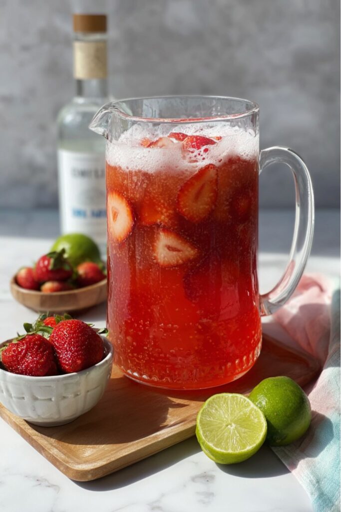 Strawberry margarita mocktail pitcher with lime and fresh berries, pitcher mocktail drinks.