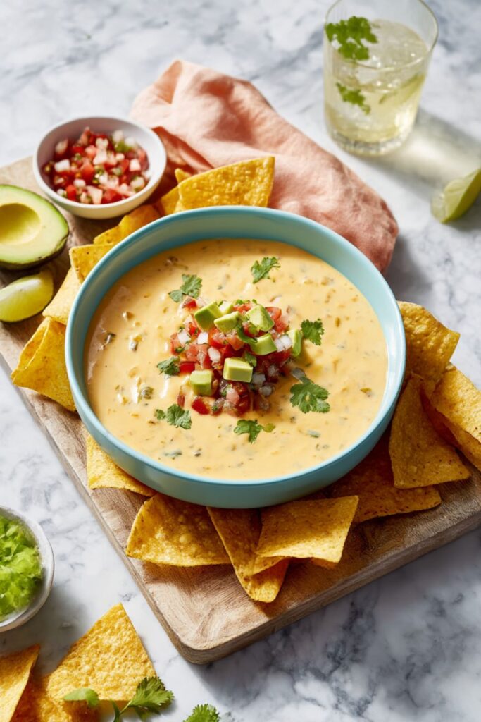 Creamy queso with toppings and chips, a perfect dip for chips.