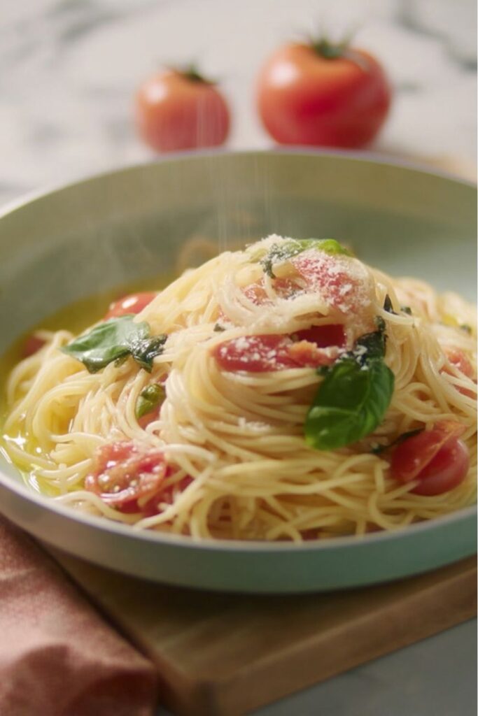Spaghetti with cherry tomatoes, basil, olive oil and Parmesan, Real Italian Pasta.