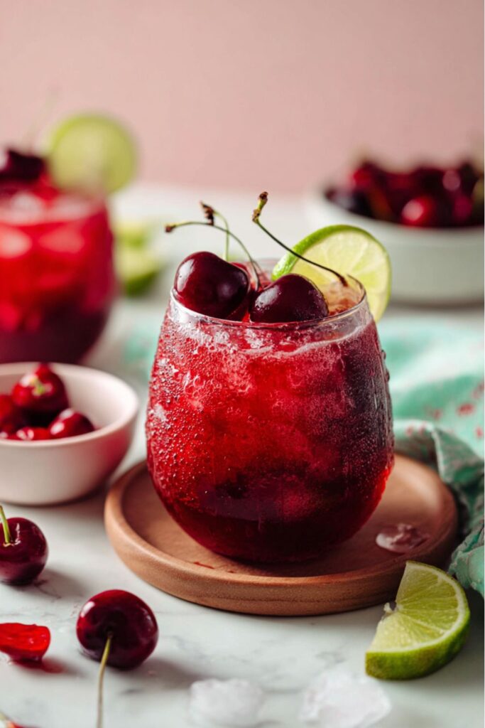 Sparkling cherry limeade mocktail with fresh cherries and lime, refreshing non alcoholic drinks.