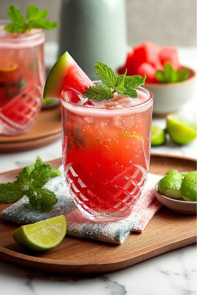 Sparkling watermelon mint mocktail with lime and ice, refreshing non alcoholic drinks.