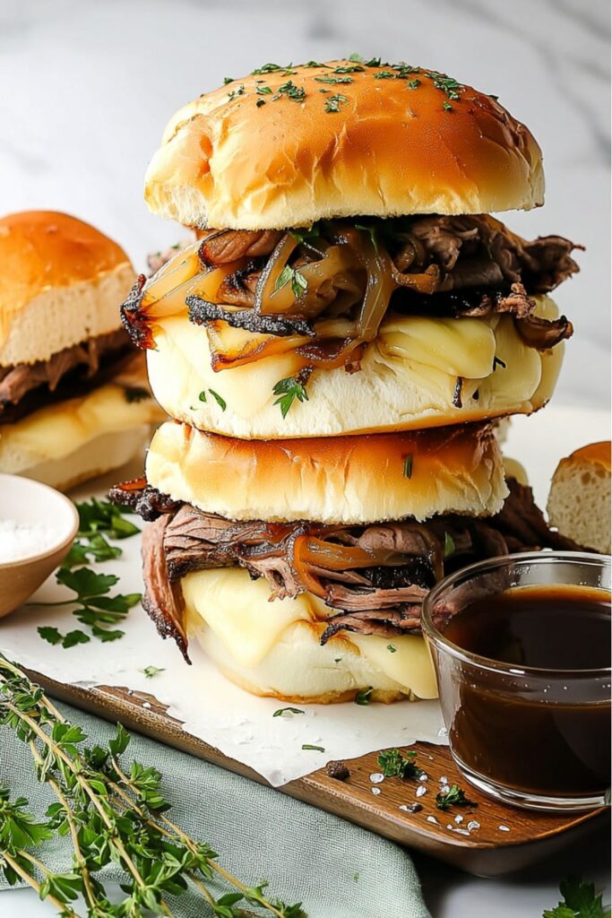 Cheesy roast beef sliders with au jus dipping sauce, a perfect choice for Father's Day Snacks.