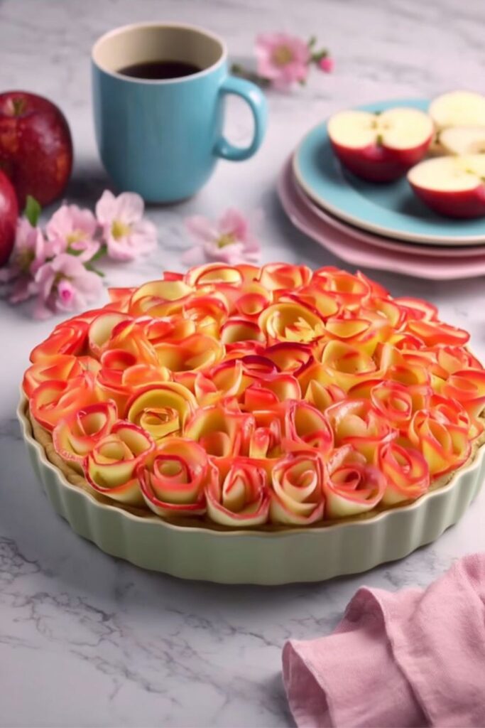Apple rose tart arranged like flowers, a beautiful Round Cake With Flowers dessert.