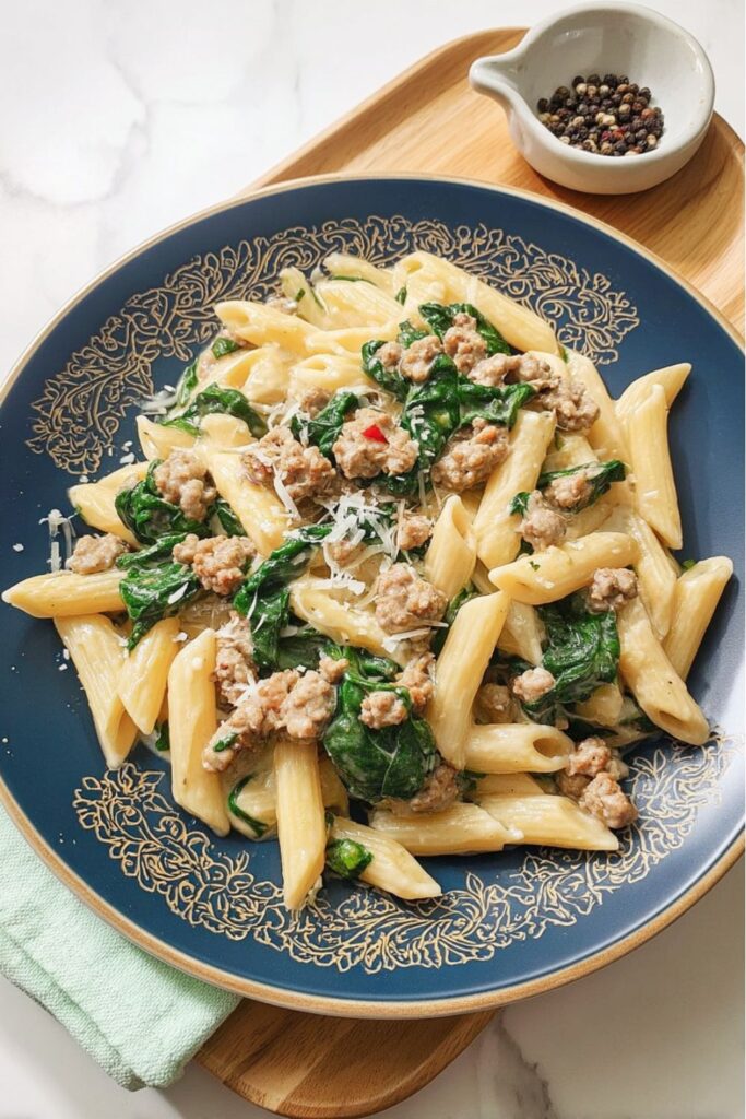 Creamy penne pasta with Italian sausage and spinach, a hearty choice for a Father’s Day Menu.