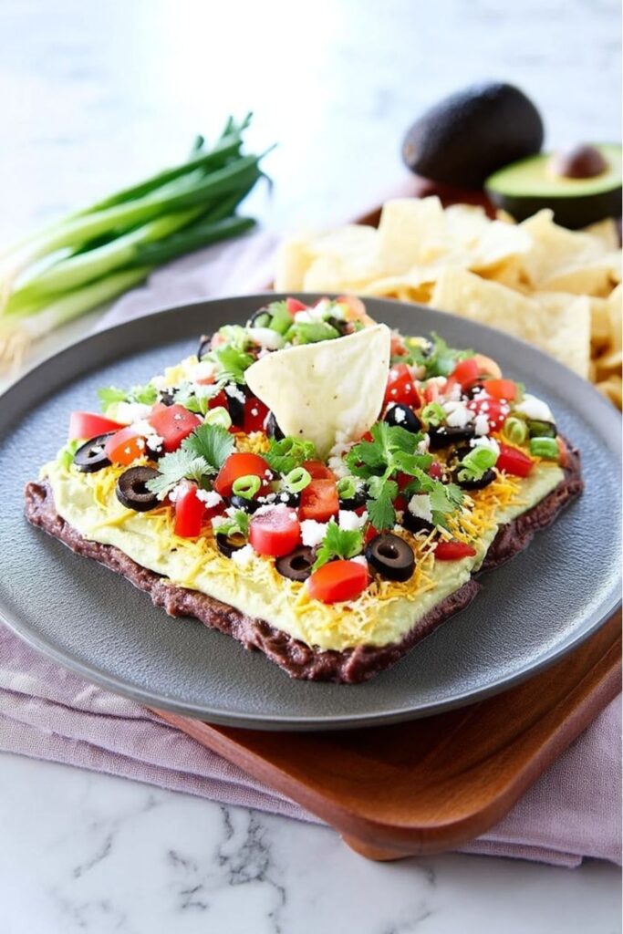 Layered bean dip with toppings and chips, great southwestern appetizers.