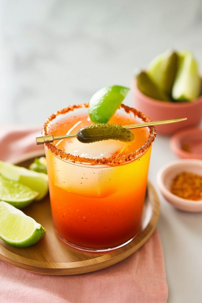 Tomato lime michelada-style mocktail with chili rim and pickle garnish, spicy non alcoholic drinks.