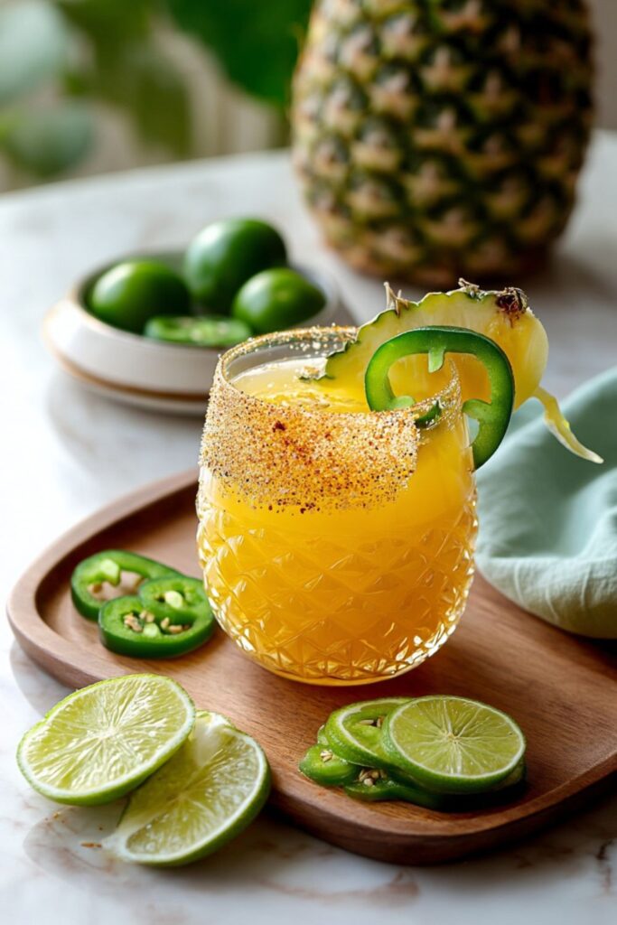 Pineapple jalapeño mocktail with lime and chili rim, spicy pineapple drink.