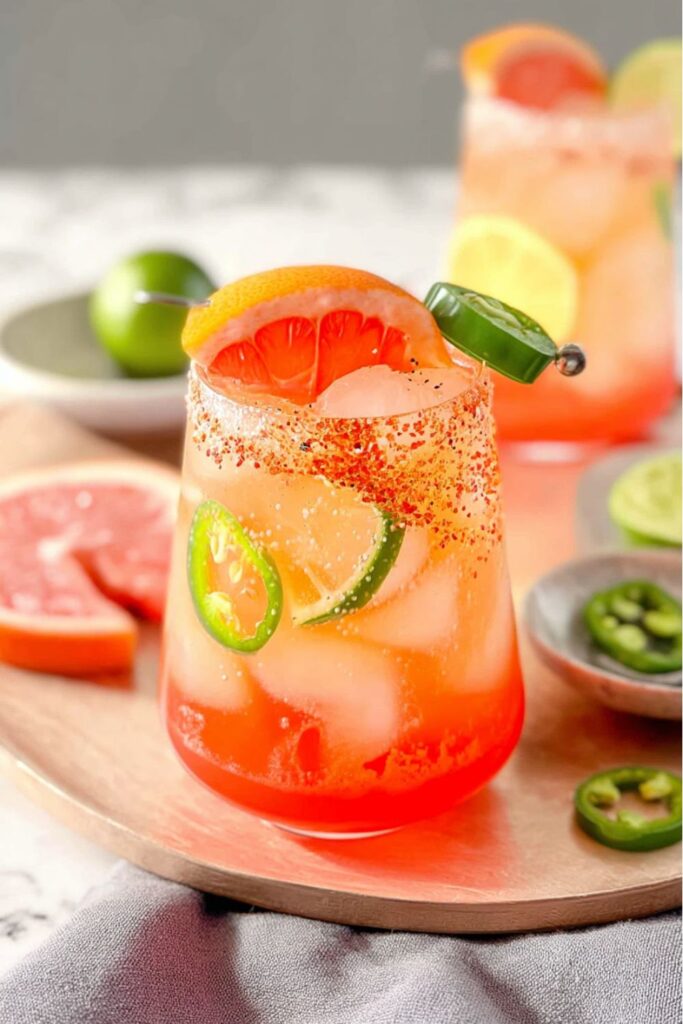 Grapefruit jalapeño mocktail with chili rim and citrus garnish, spicy virgin margarita.