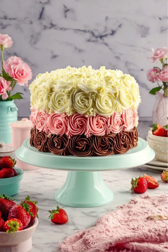 Buttercream rose layer cake on stand, a beautiful example of Spring Cake Decorating