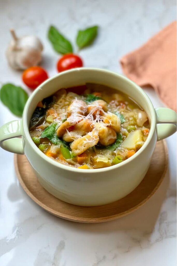 Hearty vegetable minestrone with beans, greens, and Parmesan in bowl, Stanley Tucci Favorite Soup