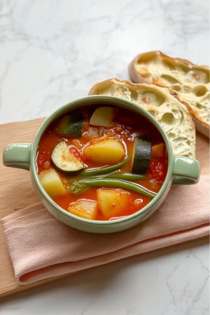 Vegetable string bean soup with potatoes and zucchini in bowl, Stanley Tucci Italian Recipes.