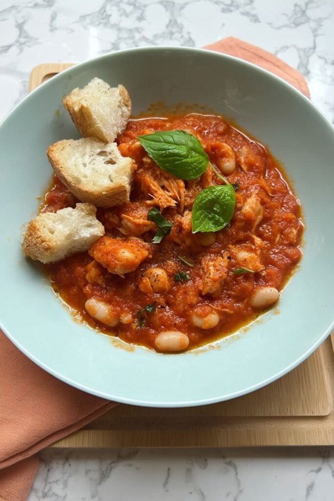 Tomato tuna and cannellini bean stew with bread and basil, Stanley Tucci Italian Recipes.