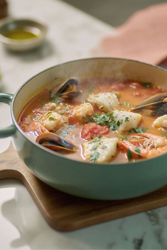 Seafood stew with shrimp, mussels, and fish in tomato broth, Stanley Tucci Recipe.