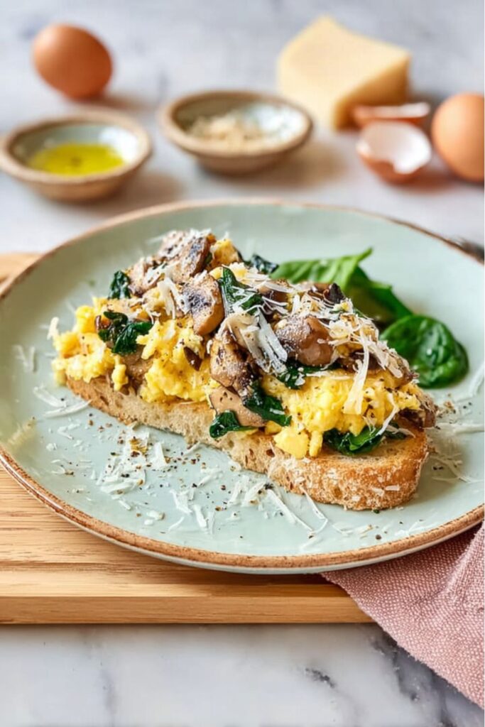 Spinach mushroom egg scramble on focaccia toast, Stanley Tucci Recipe style breakfast.
