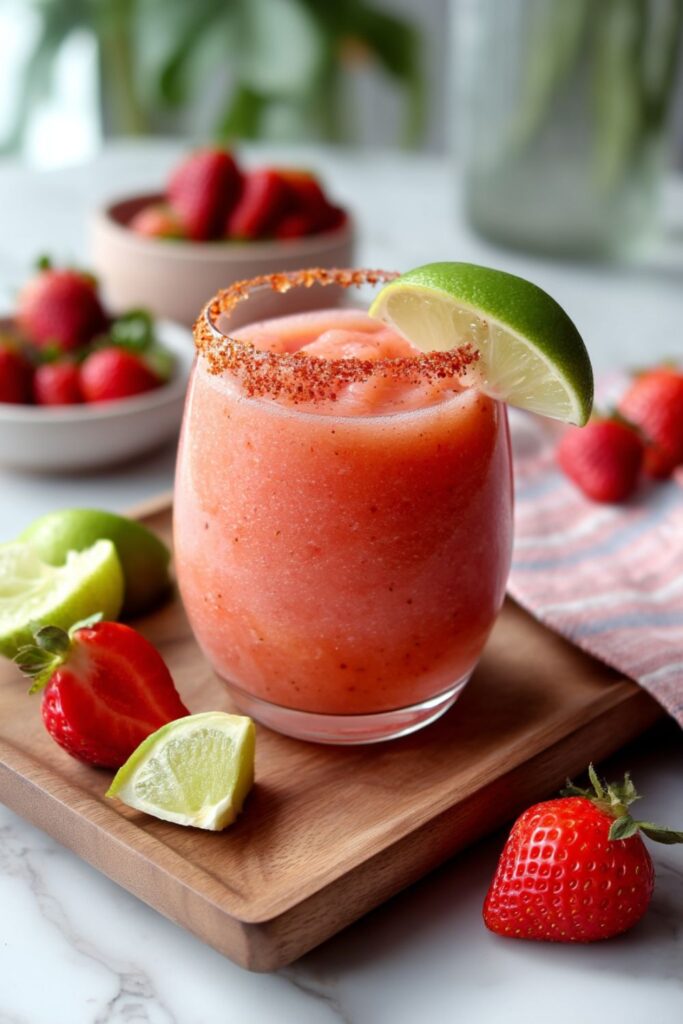 Strawberry mango frozen mocktail with chili rim and lime garnish, tropical fruit drinks.