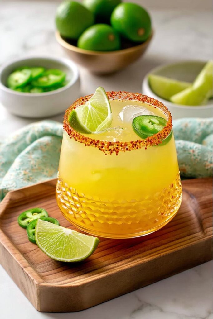 Jalapeño lime mocktail with chili rim and citrus garnish, virgin jalapeno margarita.