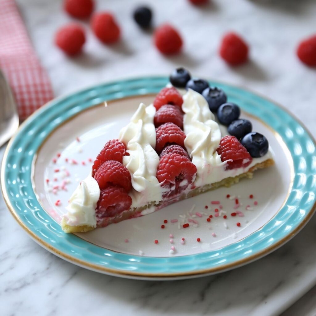 A slice of American Flag Fruit Pizza on a turquoise rimmed plate over white marble.