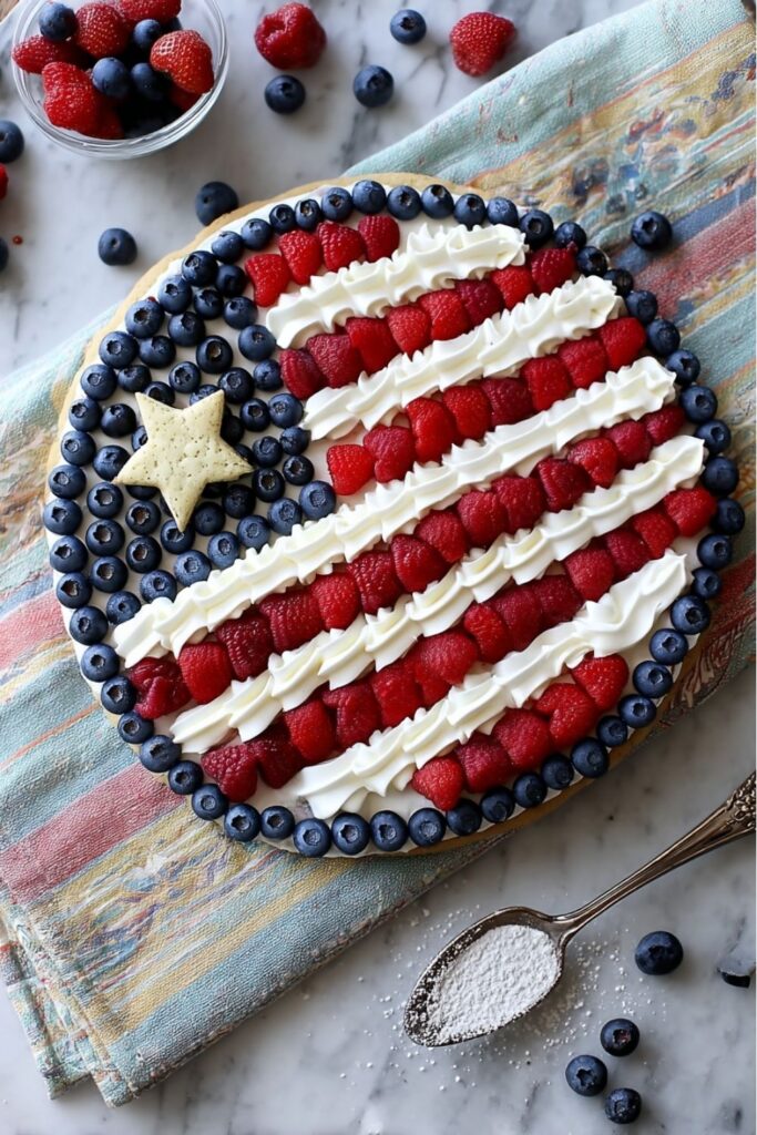A whole American Flag Fruit Pizza on a pastel cloth and marble countertop with fresh berries.