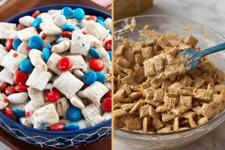 Addictive 4th of July Puppy Chow Chex Mix with Red White and Blue Muddy Buddies Vibes