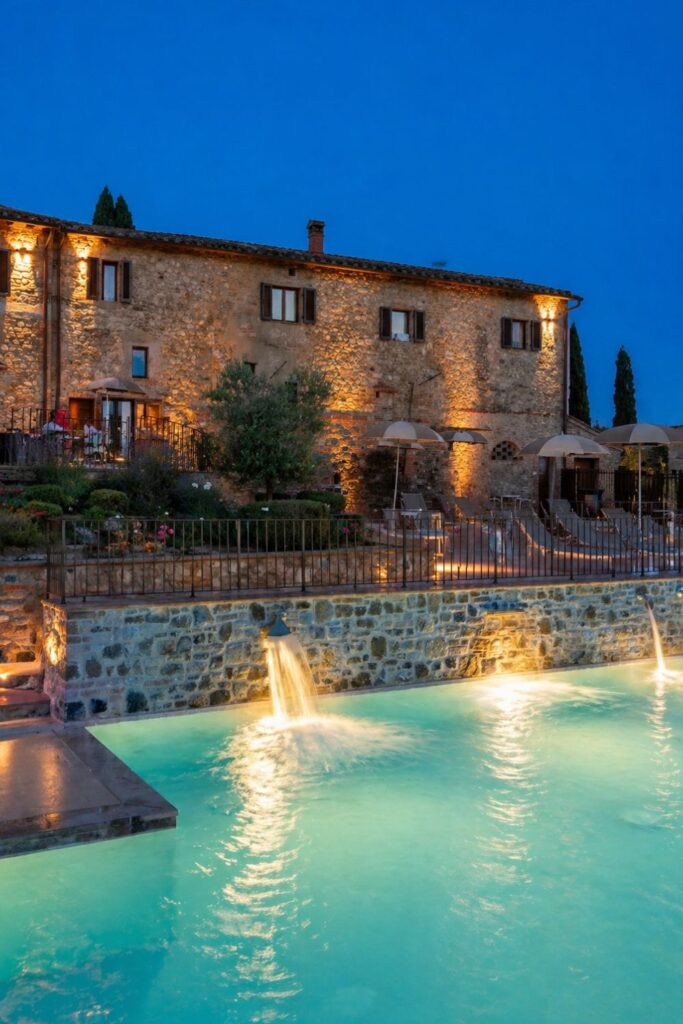 Dreamy Airbnbs in Tuscany at Tenuta Sovestro Winery with lit stone pool and terrace