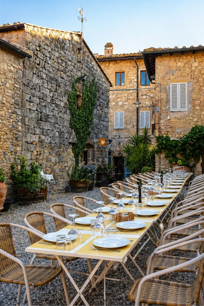 Dreamy Airbnbs in Tuscany at Fattoria San Donato with stone courtyard dining and shutters