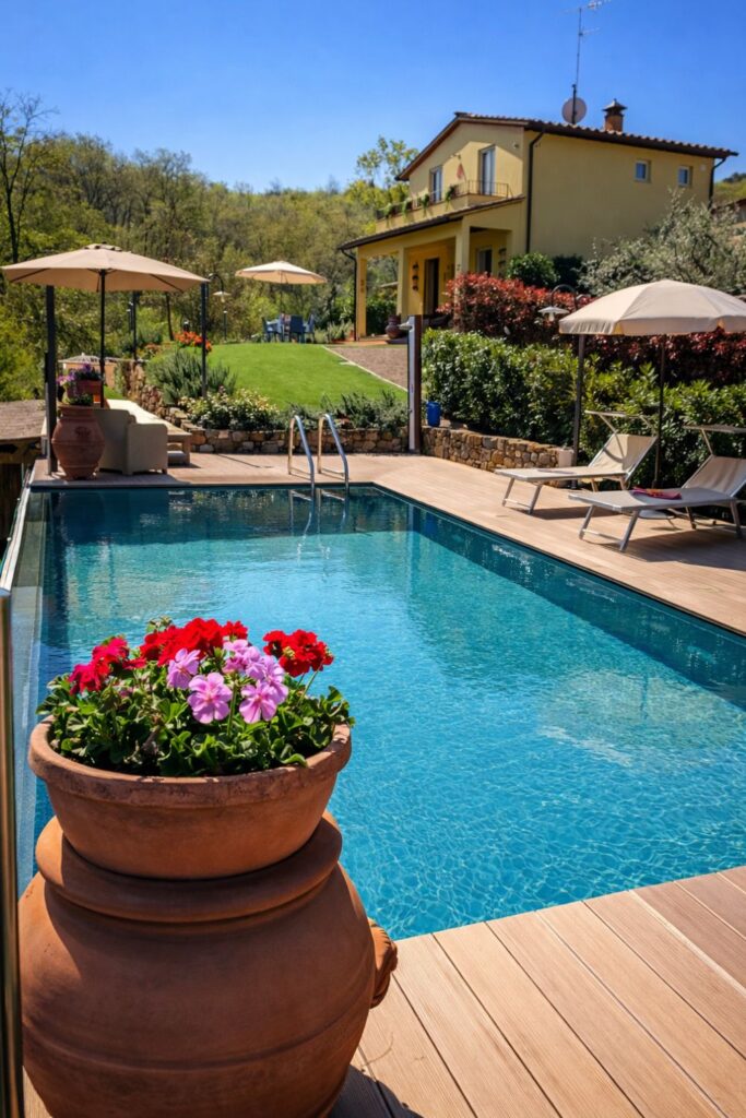 Casa di Campagna Pianelli Villas in Tuscany with Private Pool with a sleek pool and hillside garden