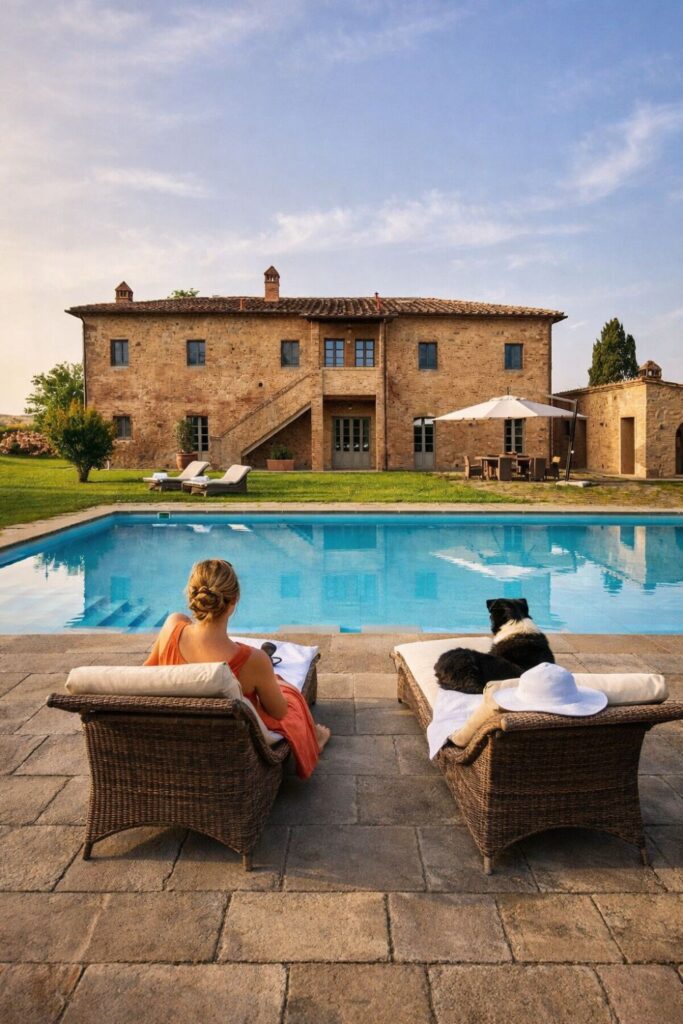 Castelfalfi Villas in Tuscany with Private Pool with a stone farmhouse, lawn, and serene pool terrace