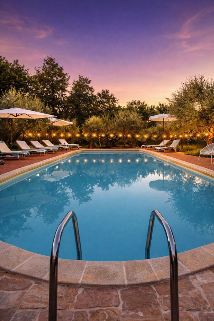 Podere Mencoini Villas in Tuscany with Private Pool with a lit pool, loungers, and olive trees at dusk