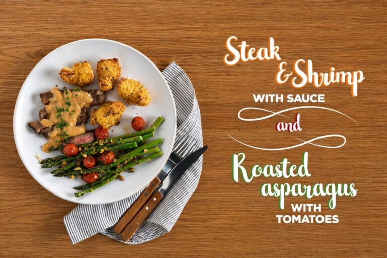 Mouthwatering Steak & Shrimp With Sauce And Roasted Asparagus With Tomatoes