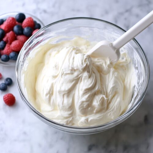 Whisking creamy vanilla frosting in a glass bowl to prepare an American Flag Fruit Pizza.