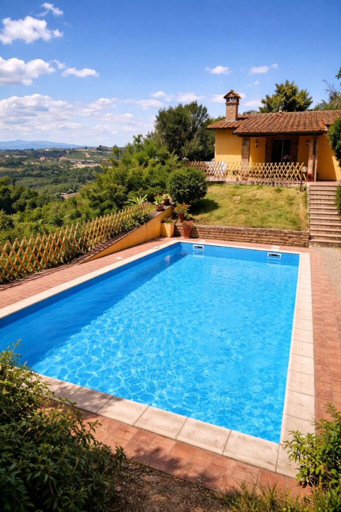 Sunset Hill Villas in Tuscany with Private Pool with hillside views, blue pool, and ocher villa